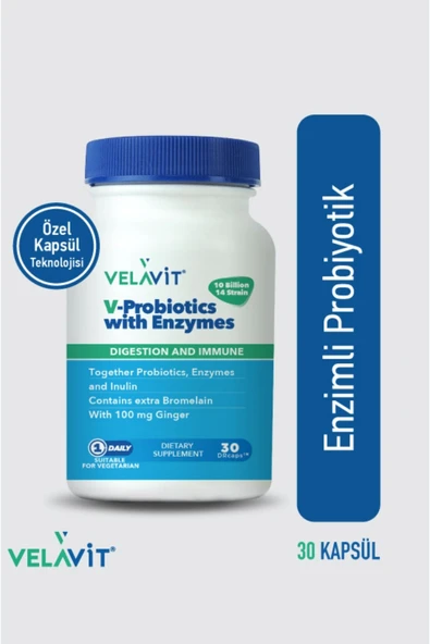 VELAVİT V-Probiotics with Enzymes - Enzimli Probiyotik - Glutensiz 30 Kapsül - 10 milyar KOB - Probiyotikler ve Sindirim Enzimleri Beraber ürün görseli 1