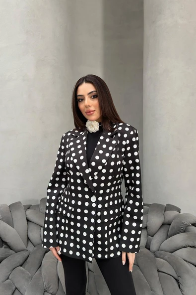 Kadın Puantiyeli Tek Düğmeli Blazer Ceket - Resim 10