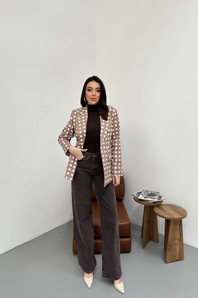 Kadın Puantiyeli Tek Düğmeli Blazer Ceket - Resim 3
