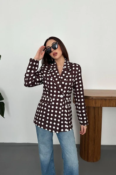 Kadın Puantiyeli Tek Düğmeli Blazer Ceket - Resim 11