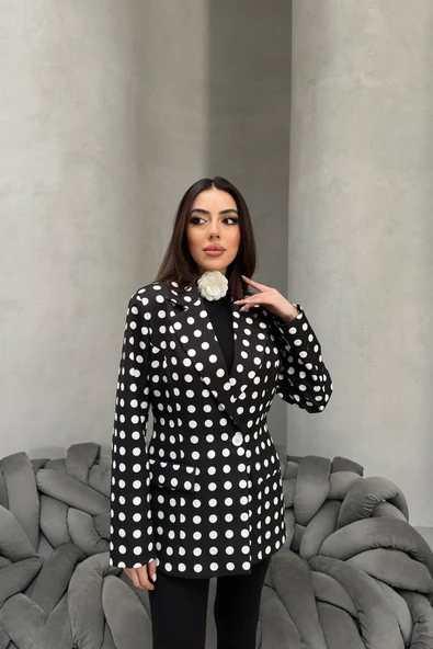 Kadın Puantiyeli Tek Düğmeli Blazer Ceket - Resim 6