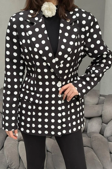 Kadın Puantiyeli Tek Düğmeli Blazer Ceket - Resim 9