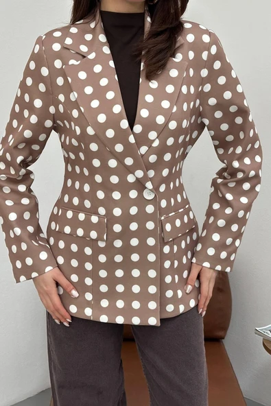 Kadın Puantiyeli Tek Düğmeli Blazer Ceket - Resim 5