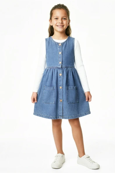 Kız Çocuk 2'li Jean Elbise (Çift Cepli Jean Elbise+Bluz)12533 ürün görseli 1