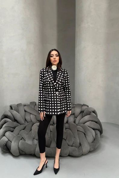 Kadın Puantiyeli Tek Düğmeli Blazer Ceket - Resim 8