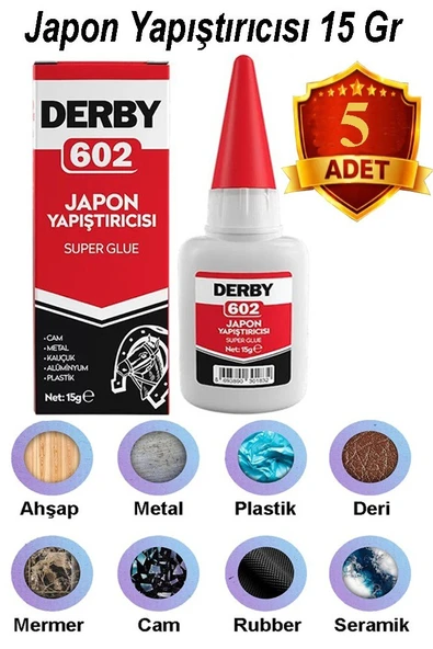 Derby 602 Japon Yapıştırıcı 15 gr 5 Adet Yüksek Yapıştırma Gücü Tek Bileşenli Düşük Viskozite Güçlü Yapıştırıcı 15gr ürün görseli 1