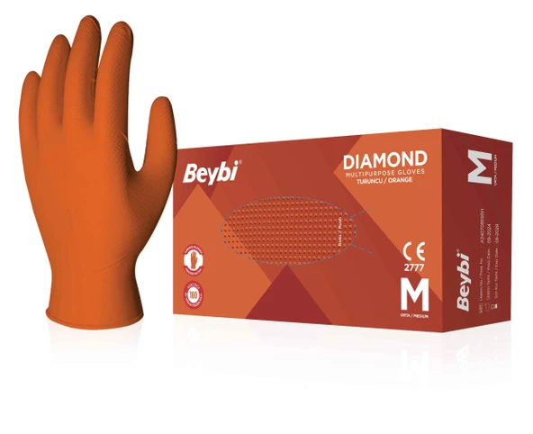 Beybi Diamond Pudrasız Medium Turuncu Nitril Eldiven (100 Lü Paket) ürün görseli 1