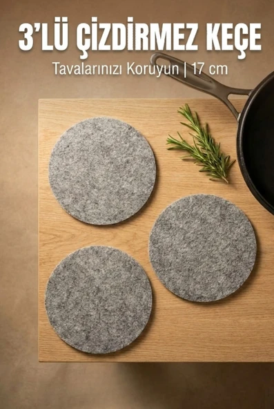 3 Parça Yuvarlak Keçe Tencere Tava Koruyucu 17 cm Çizik Önleyici Gri ürün görseli 1