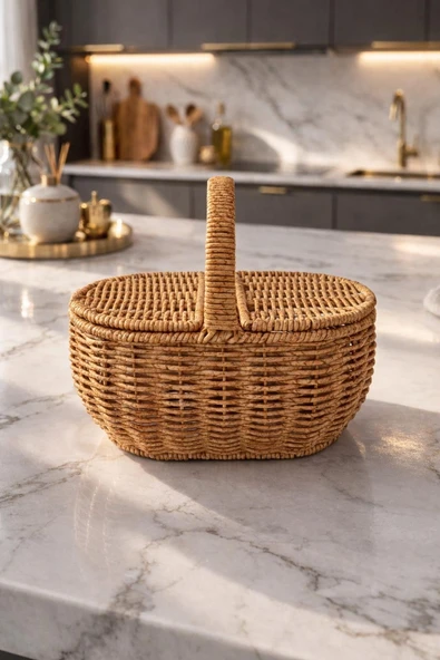 Oval Hasır Rattan Mini Kulplu Organizer Sepet,Masaüstü Ekmeklik,Banyo Düzenleyici ürün görseli 1