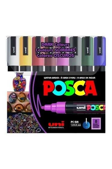 Uni Posca 5m Boyama Markörü Koyu Renkler 8'li Set ürün görseli 1