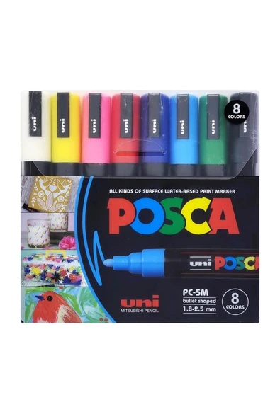Uni Posca 5m Boyama Markörü Ana Renkler 8'li Set ürün görseli 1
