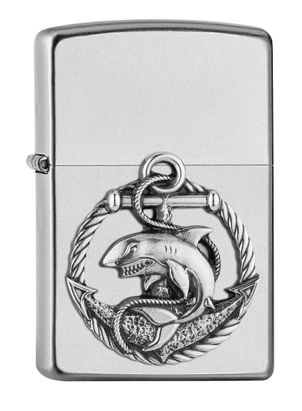ZIPPO 2007130 – Shark Amblem, Saten Krom – Benzinli Fırtına Çakmağı, Doldurulabilir, Kaliteli Hediye Kutusunda ürün görseli 1