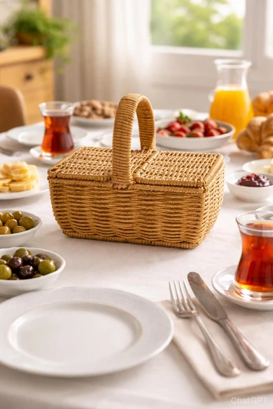 Dikdörtgen Hasır Rattan Mini Kulplu Organizer Sepet,Ekmeklik ürün görseli 1