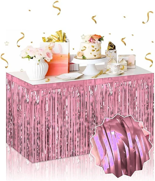 Kendinden Yapışkanlı Rose Gold Metalize Püsküllü Masa Eteği – 75 x 275 cm Parti Süslemesi (5433) ürün görseli 1