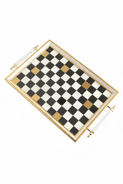 Dijital Baskılı Cam Servis Tepsisi – Dama Desenli, Metal Kulplu 46x28 cm ürün görseli 1