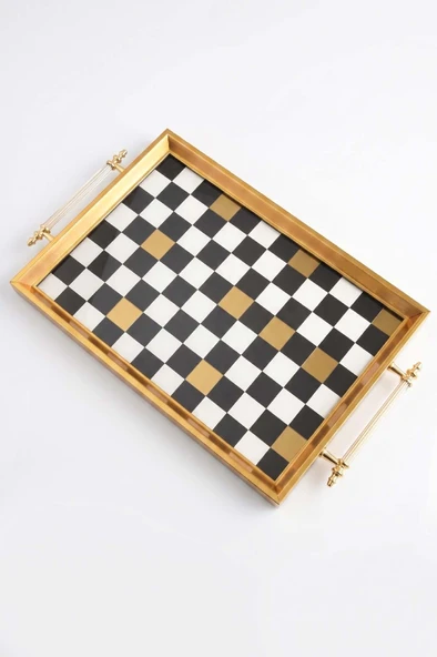 Dijital Baskılı Cam Servis Tepsisi – Dama Motifli, Metal Kulplu 46x28 cm ürün görseli 1