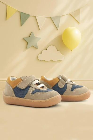 Rakerplus Bob Hakiki Deri Kum Rengi Barefoot Cırtlı Lastikli Bebek Sneaker Ayakkabı ürün görseli 1