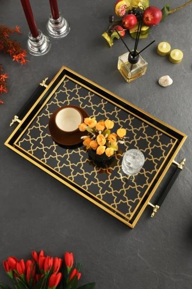Dijital Baskılı Cam Servis Tepsisi – Selçuklu Desenli, Metal Kulplu 46x28 cm ürün görseli 1
