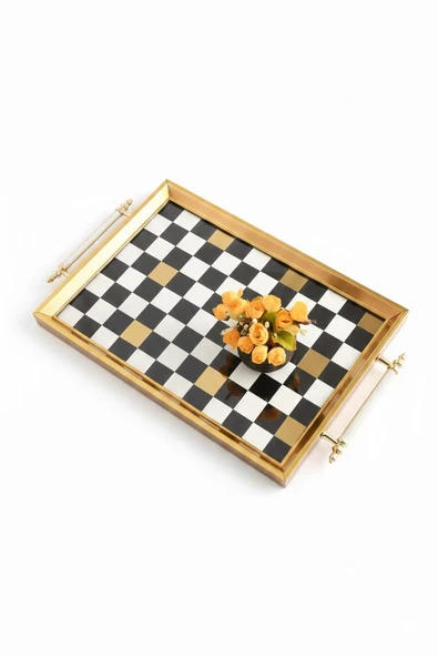 Dijital Baskılı Cam Servis Tepsisi – Dama Motifli, Metal Kulplu 46x28 cm ürün görseli 1