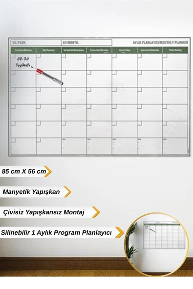 85 Cm Kendinden Manyetik Yapışkanlı 1 Aylık Planlayıcı Sticer Duvar Takvimi ürün görseli 1