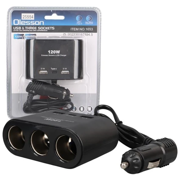 Olesson 1653 12-24V Çift USB + TYPE-C Girişli 100W 70Cm Kablolu 3 Lü Araç Çakmak Çoklayıcı ürün görseli 1