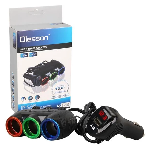 Olesson 1633 12-24V Tek USB Girişli 120W 80Cm Kablolu Dijital Voltaj Ekranlı 3 Lü Araç Çakmak Çoklayıcı ürün görseli 1