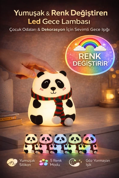 Şarjlı Panda Gece Lambası 5 Renk Modlu Silikon Dokunmatik LED Çocuk Bebek Odası Işığı ürün görseli 1