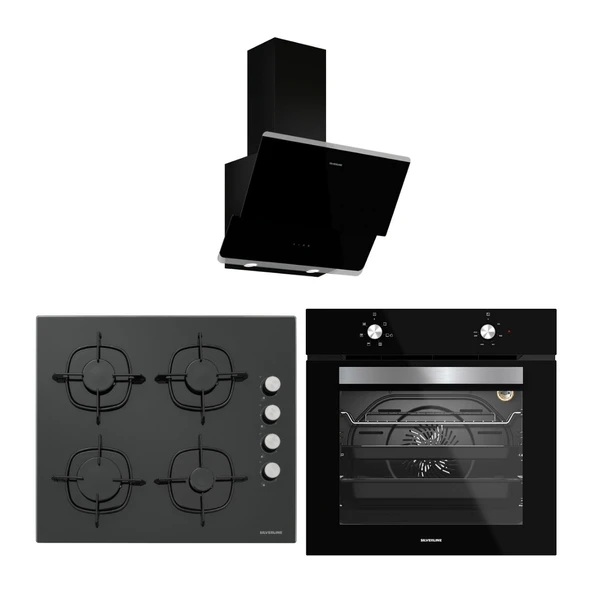 Silverline Siyah Cam Ankastre Set (3490 Oslo Davlumbaz - CS5335B02 Ocak - BO6501B01 Fırın) ürün görseli 1