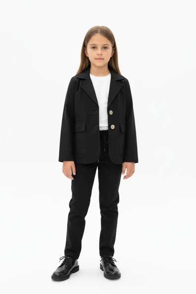 Toontoy Kız Çocuk 3’lü Takım Klasik Blazer Ceket - Bisiklet Yaka T-shırt - Pantolon ürün görseli 1