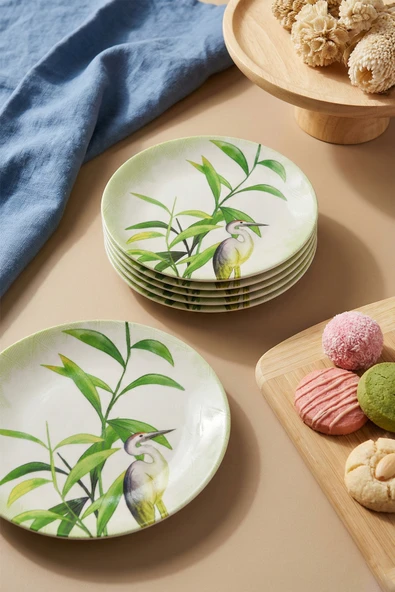 grandora Bambu & Turna Desenli (20 cm, 6’lı Set) Pasta Tabağı | Dekoratif Sunum, Pasta, Tatlı Servis Tabağı ürün görseli 1