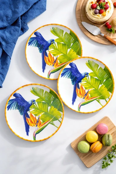 Tropikal Kuş Desenli Pasta veya Tatlı Tabağı 6 Adet 20 CM Modern ve Lüks Sunum Tabak ürün görseli 1