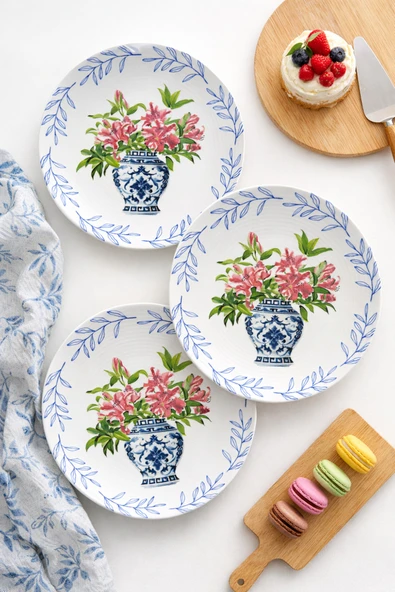 grandora Vazo ve Çiçek Desenli (6 Adet, 20 CM) Modern Pasta Tatlı Tabağı Seti – Şık Kahvaltılık Tabak ürün görseli 1