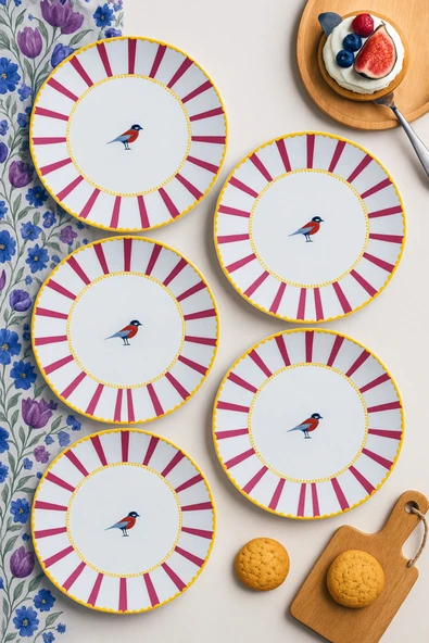 grandora Kuş Desenli Pembe Çizgili 6’lı Pasta ve Tatlı Tabağı Seti (20 CM) – Modern ve Şık Sunum Tabakları ürün görseli 1