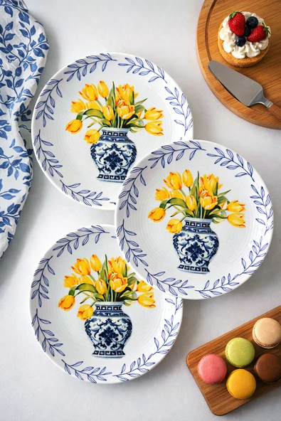 grandora Vazo ve Çiçek Desenli (6 Adet, 20 CM) Modern Pasta Tatlı Tabağı Seti – Şık Kahvaltılık Tabak ürün görseli 1
