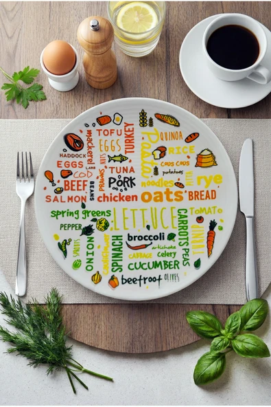 grandora Renkli Food Typo Desenli Yuvarlak Servis Tabağı 27 CM – Modern Mutfak Sunum Tabağı ürün görseli 1