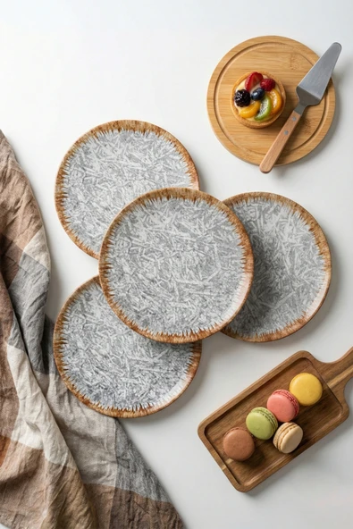 grandora Modern Gri Desenli (6 Adet, 20 cm) Pasta, Tatlı veya Kahvaltı Sunum Tabağı ürün görseli 1