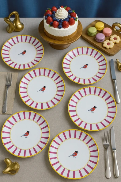 grandora Pembe Çizgili, Kuş Desenli Servis Tabağı Seti (6 AD, 27 CM) – Modern ve Şık Sunum Tabak ürün görseli 1