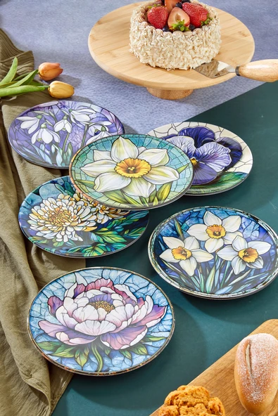 grandora 6’lı Çiçek Desenli Pasta Tabağı Seti (20 CM) - Pasta ve Tatlı Tabak Seti ürün görseli 1