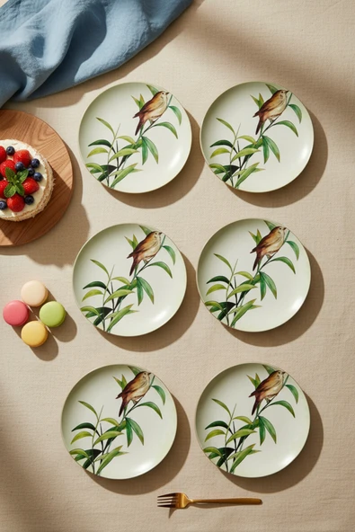 grandora Kuş Desenli 20 cm 6’lı Pasta ve Tatlı Tabağı Seti – Yeşil Şık Seramik Sunum Tabakları ürün görseli 1