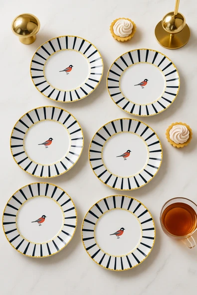 Kuş Desenli Siyah Çizgili 6 Adet 20 CM Pasta ve Tatlı Tabağı Seti Sunum ve Kahvaltı Tabakları ürün görseli 1