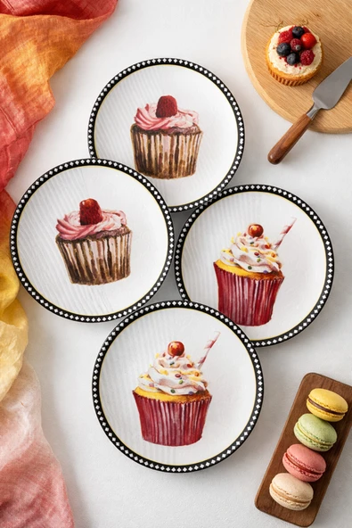 Pasta Tabağı Cupcake Desenli 6 Adet 20 CM - Pasta Tatlı Sunum Tabağı Seti Doğum Günü Tabağı ürün görseli 1