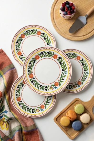 grandora Retro Zeytin ve Çiçekli (6 Adet, 20 CM) Pasta, Tatlı veya Sunum Tabağı - Çok Amaçlı Kahvaltı Tabak ürün görseli 1