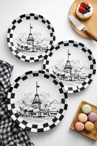 grandora İstanbul Kız Kulesi Temalı (6 Adet, 27 CM) Servis Tabağı | Dama Sunum Pasta, Tatlı ve Kahvaltı Tabak ürün görseli 1