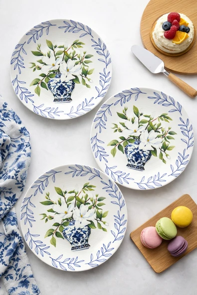 Vazo ve Beyaz Çiçek Desenli 6 Adet 20 CM Modern Pasta Tatlı Tabağı Seti Şık Kahvaltılık Tabak ürün görseli 1