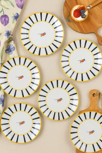 Kuş Desenli Siyah Çizgili Servis Tabağı Seti 6 Adet 27 CM Modern Pasta, Kahvaltı Sunum Tabakları ürün görseli 1