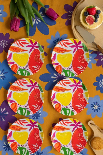 grandora Renkli Tropikal Desenli 6'lı Pasta Tabağı Seti (20 CM) - Modern Pasta, Tatlı ve Sunum Tabağı ürün görseli 1