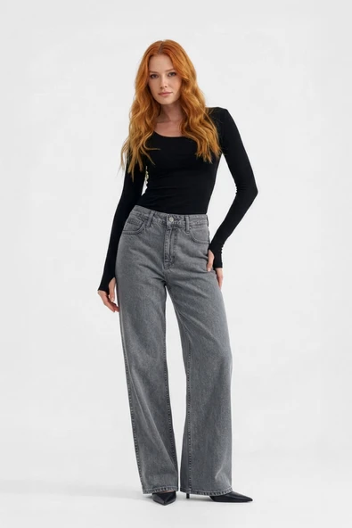 Kadın Gri Yüksek Bel Wide Leg Jean Pantolon ürün görseli 1
