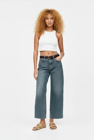 Kadın Geniş Kesim Wide Leg Mavi Jean Pantolon ürün görseli 1