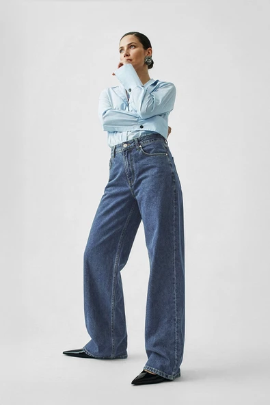Kadın Mavi Yüksek Bel Wide Leg Jean Pantolon ürün görseli 1