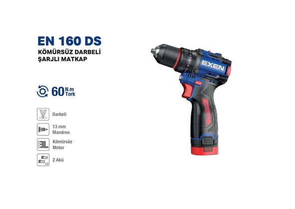 EXEN EN 160 DS 16 V. 2 AH. 60 NM. KÖMÜRSÜZ DARBELİ ŞARJLI MATKAP ürün görseli 1